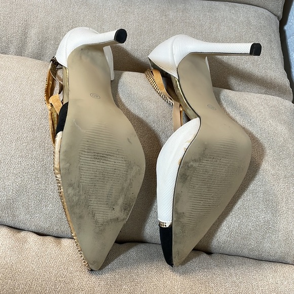 Flawed size 8 mini rhinestone studded T strap high heels gold black white point - Picture 7 of 12